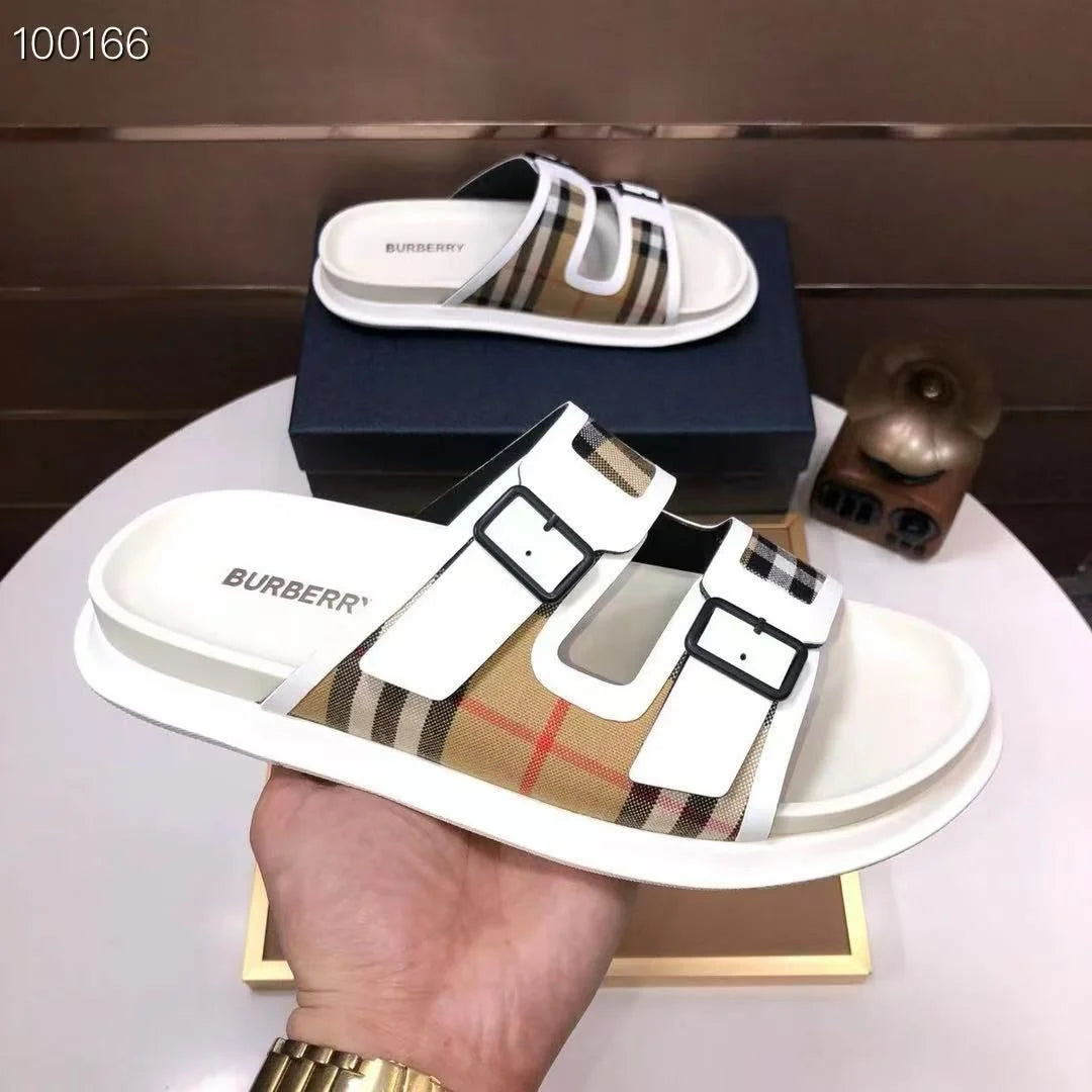 BURBERRY || Checkered Double Strape Sandal White Slides – FASHION MYST