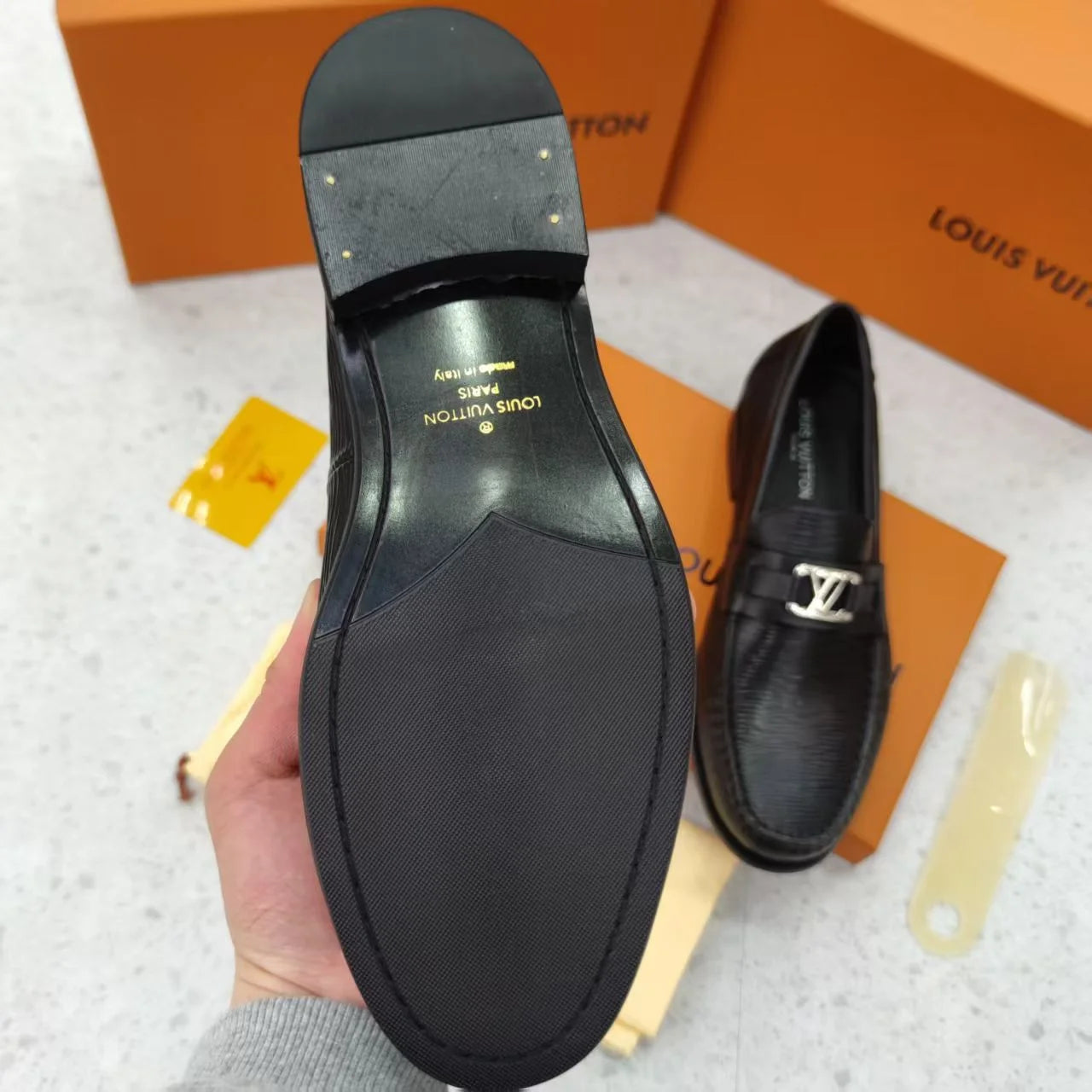 LOUIS VUITTON || Black Leather Loafers with Silver LV Buckle  display picture 1