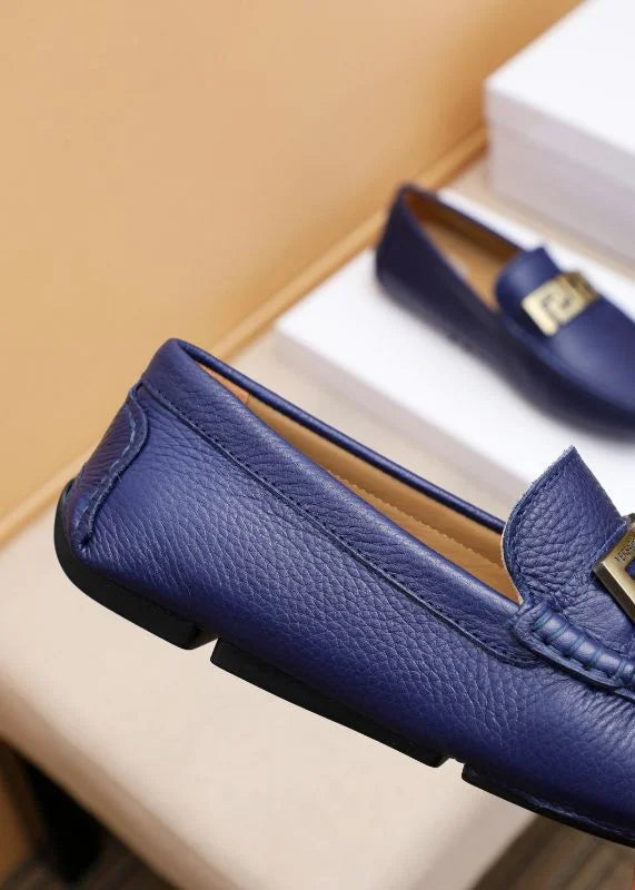 VERSACE || Royal Blue Leather Loafers with Signature Gold Buckle – FASHION  MYST