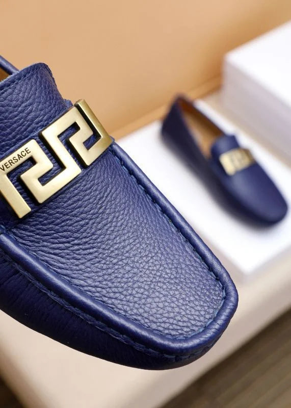 VERSACE || Royal Blue Leather Loafers with Signature Gold  display picture 1