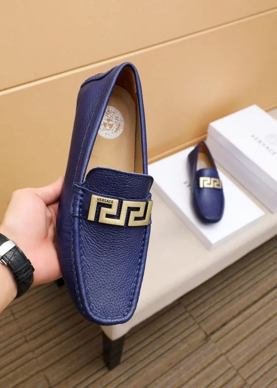 VERSACE || Royal Blue Leather Loafers with Signature Gold Buckle – FASHION  MYST