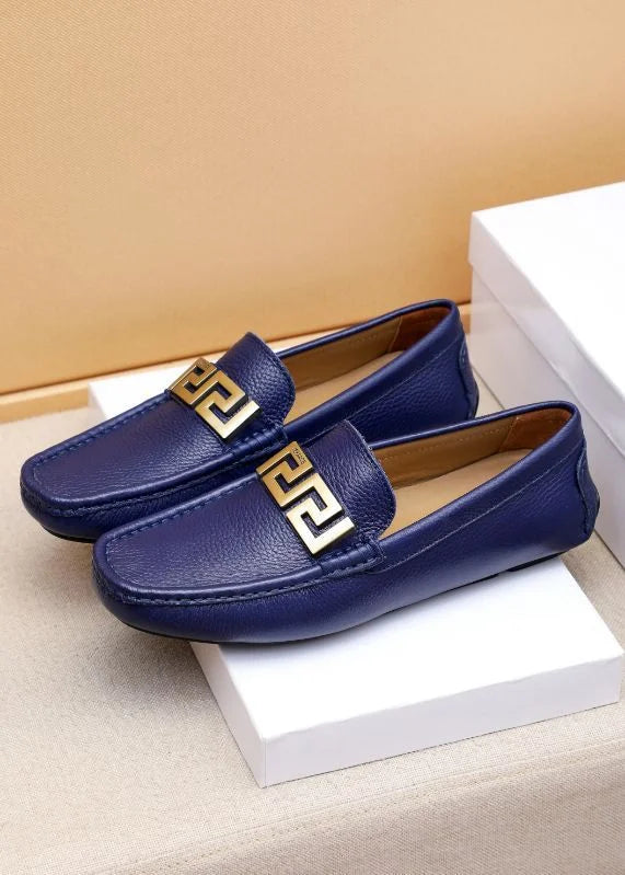 VERSACE || Royal Blue Leather Loafers with Signature Gold Buckle – FASHION  MYST