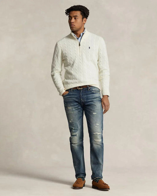 POLO RALPH LAauren || Cable-Knit Cotton Quarter-Zip Jumper / White