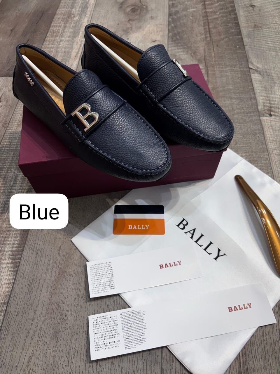 BALLY || Blue Leather Loafers with Signature “B” Logo- FASHION MYST