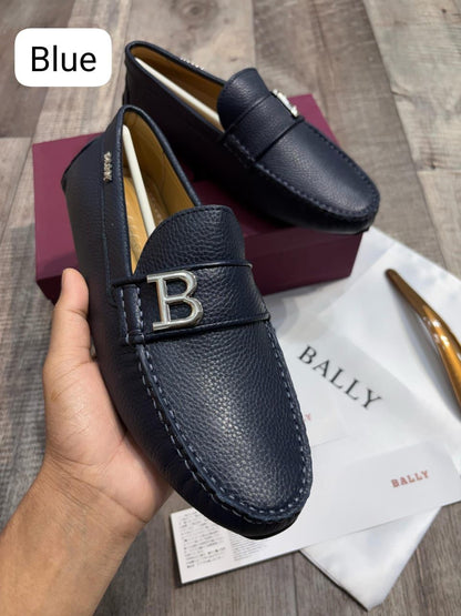 BALLY || Blue Leather Loafers with Signature “B” Logo- FASHION MYST