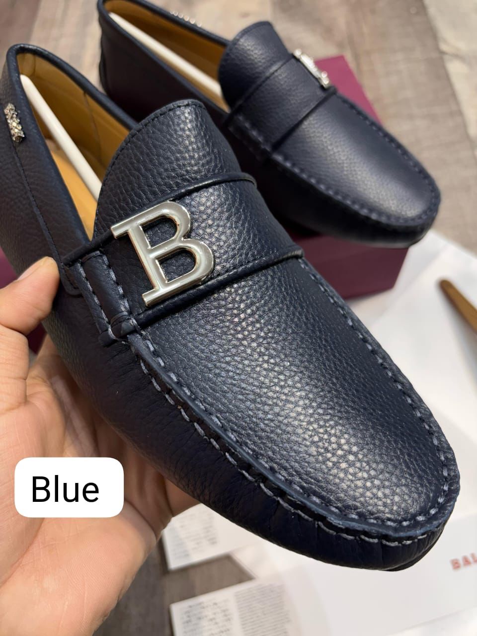 BALLY || Blue Leather Loafers with Signature “B” Logo- FASHION MYST