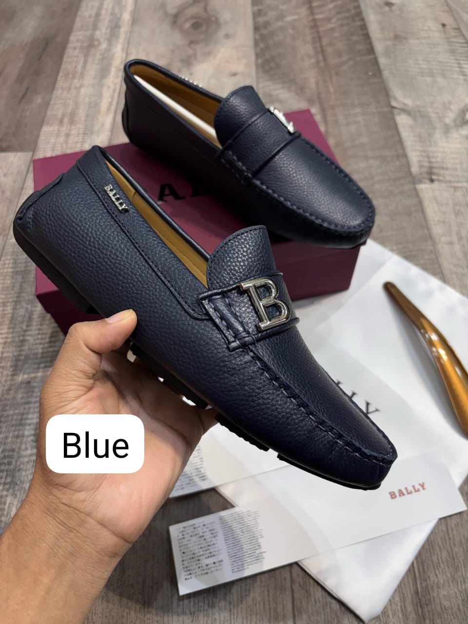BALLY || Blue Leather Loafers with Signature “B” Logo- FASHION MYST