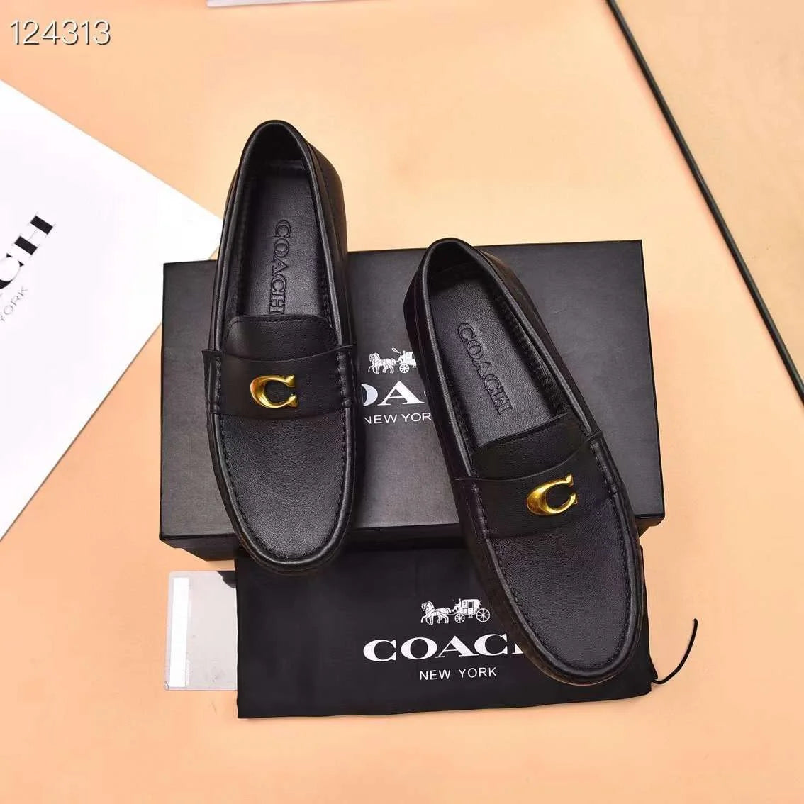 COACH || Black Leather Loafers With Gold “C” Logo- FASHION MYST