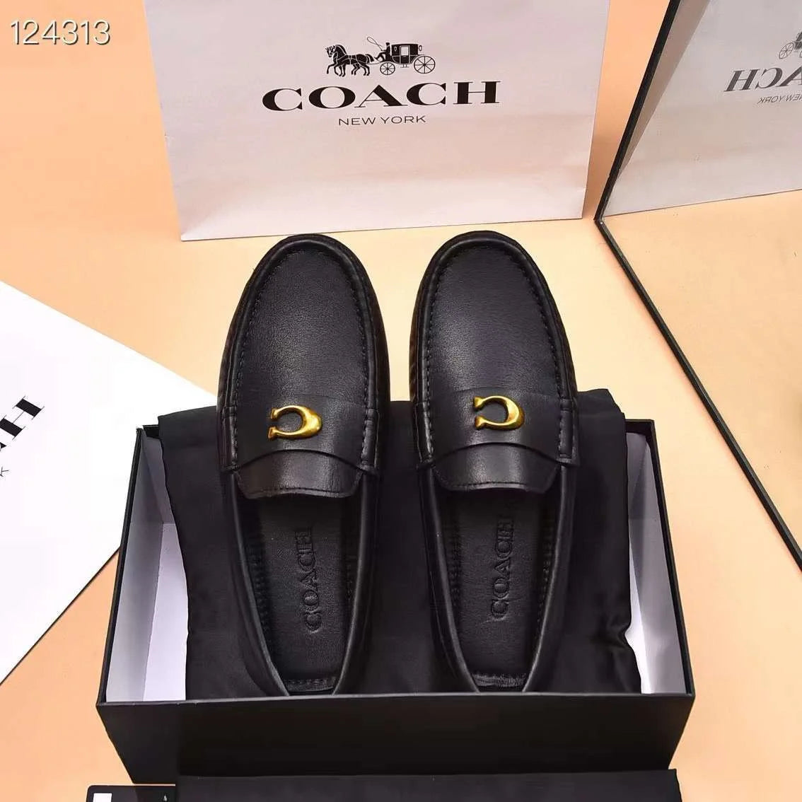 COACH || Black Leather Loafers With Gold “C” Logo- FASHION MYST