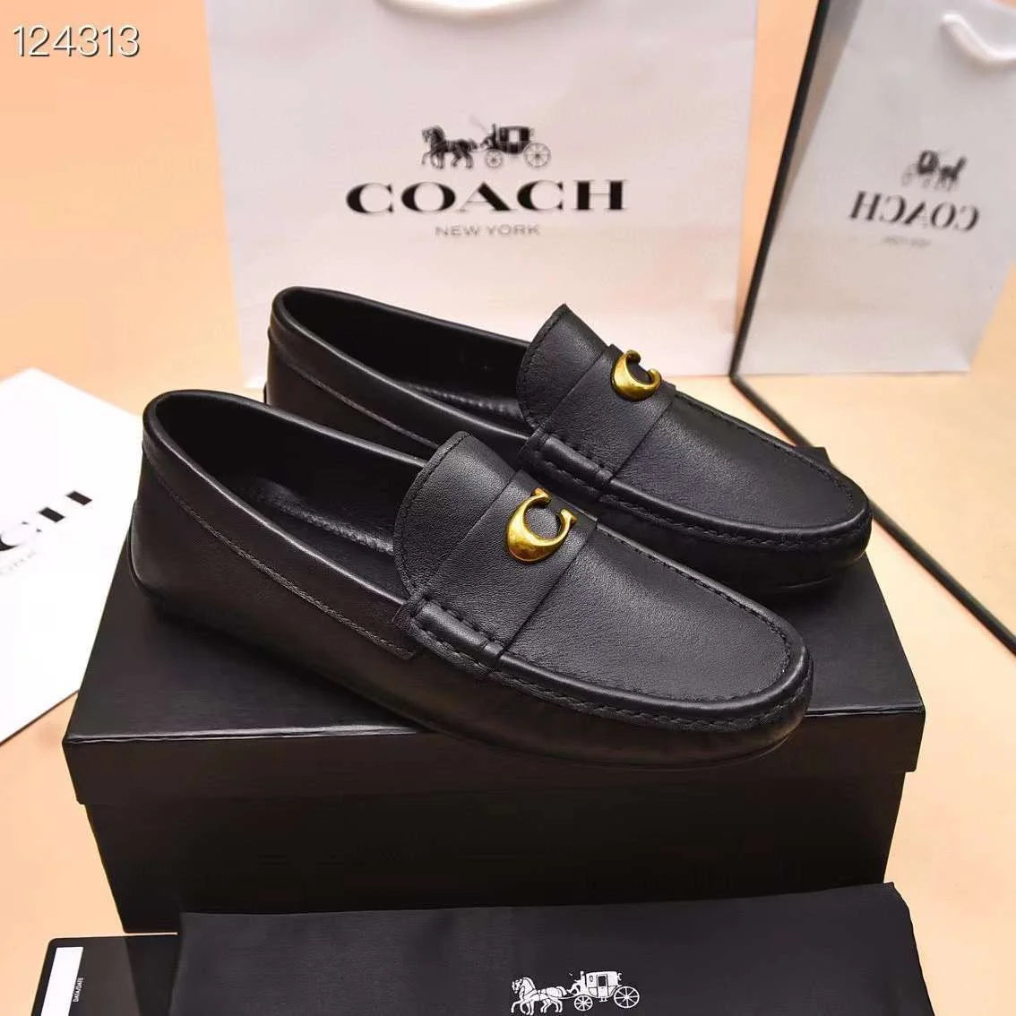 COACH || Black Leather Loafers With Gold “C” Logo- FASHION MYST