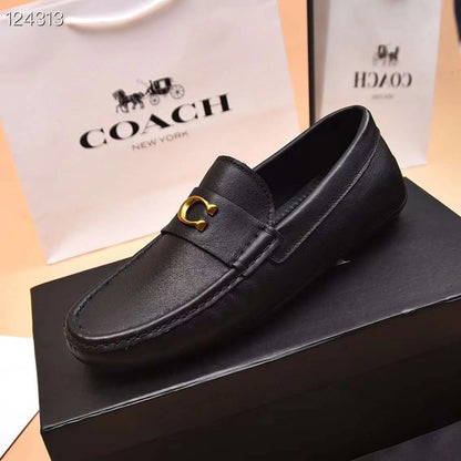 COACH || Black Leather Loafers With Gold “C” Logo- FASHION MYST