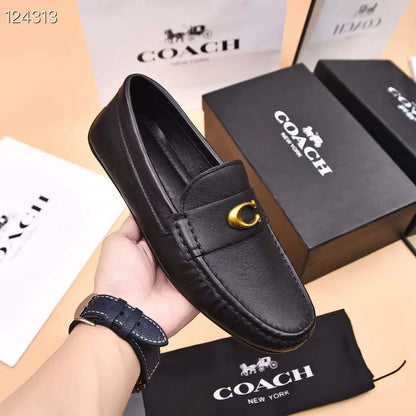 COACH || Black Leather Loafers With Gold “C” Logo- FASHION MYST