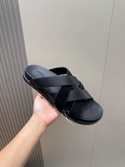 HERMES || Black Cross-Strap Leather Sandals- FASHION MYST