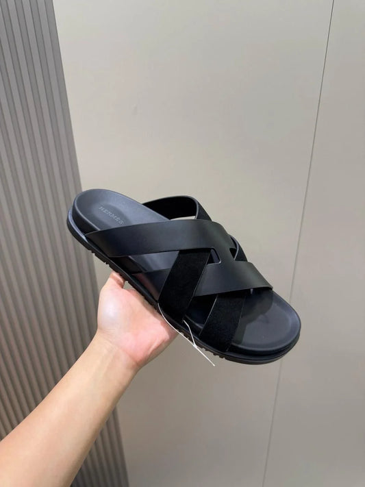 HERMES || Black Cross-Strap Leather Sandals- FASHION MYST