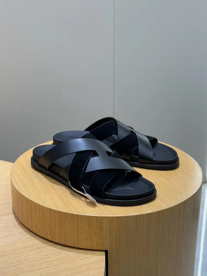 HERMES || Black Cross-Strap Leather Sandals- FASHION MYST