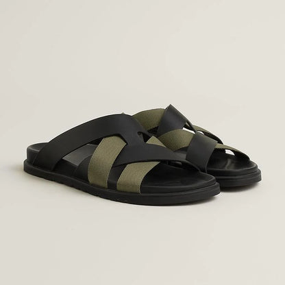 HERMES || Black and Olive Green Cross-Strap Sandals- FASHION MYST