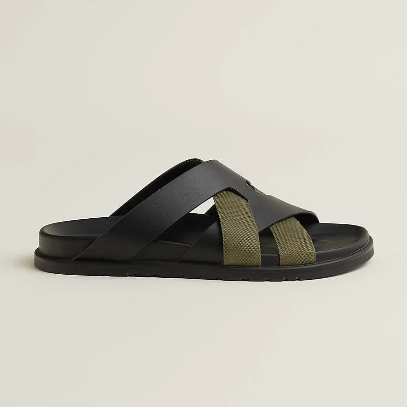 HERMES || Black and Olive Green Cross-Strap Sandals- FASHION MYST