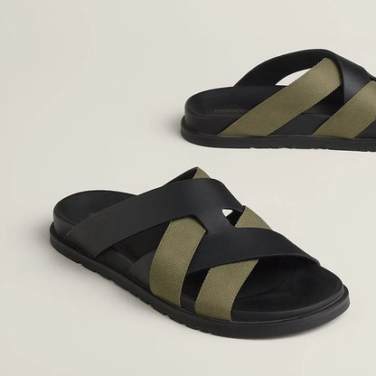 HERMES || Black and Olive Green Cross-Strap Sandals- FASHION MYST