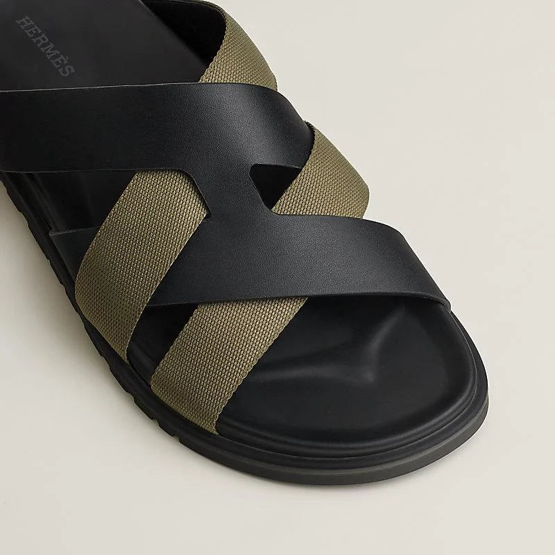 HERMES || Black and Olive Green Cross-Strap Sandals  display picture 2