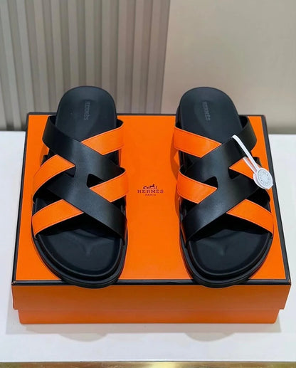 HERMES || Black and Orange Cross-Strap Sandals- FASHION MYST