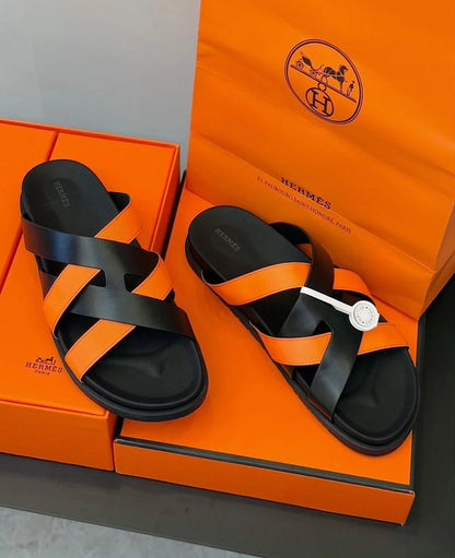HERMES || Black and Orange Cross-Strap Sandals- FASHION MYST