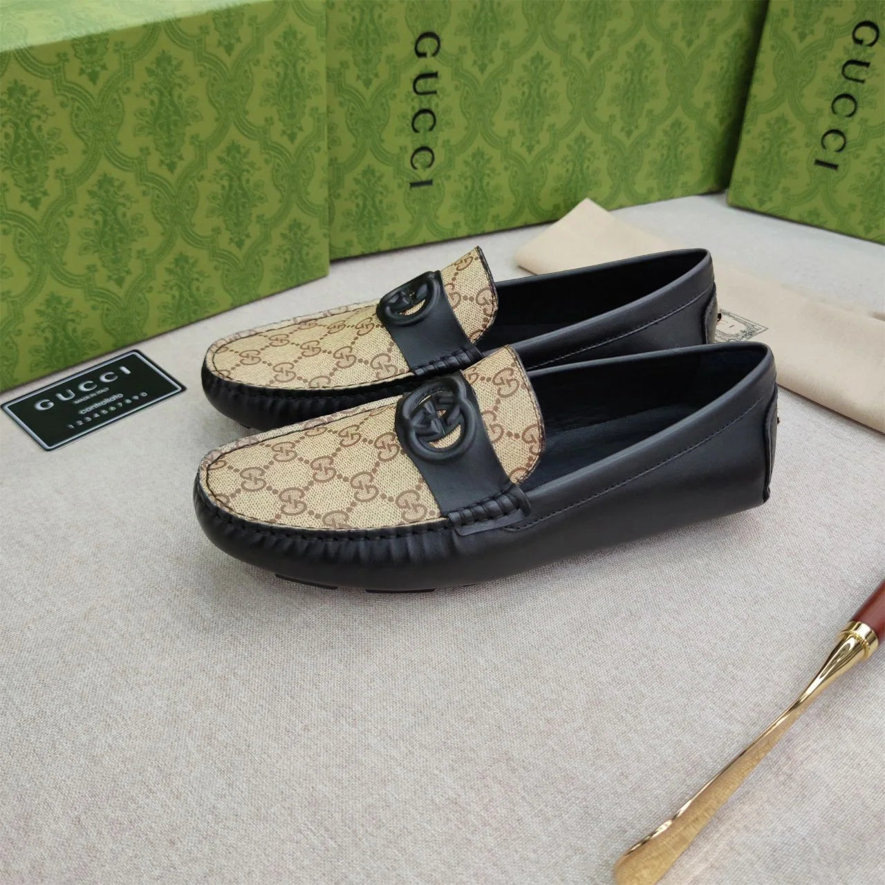GUCCI || Men’s Brown GG Loafers with Black Leather Strap