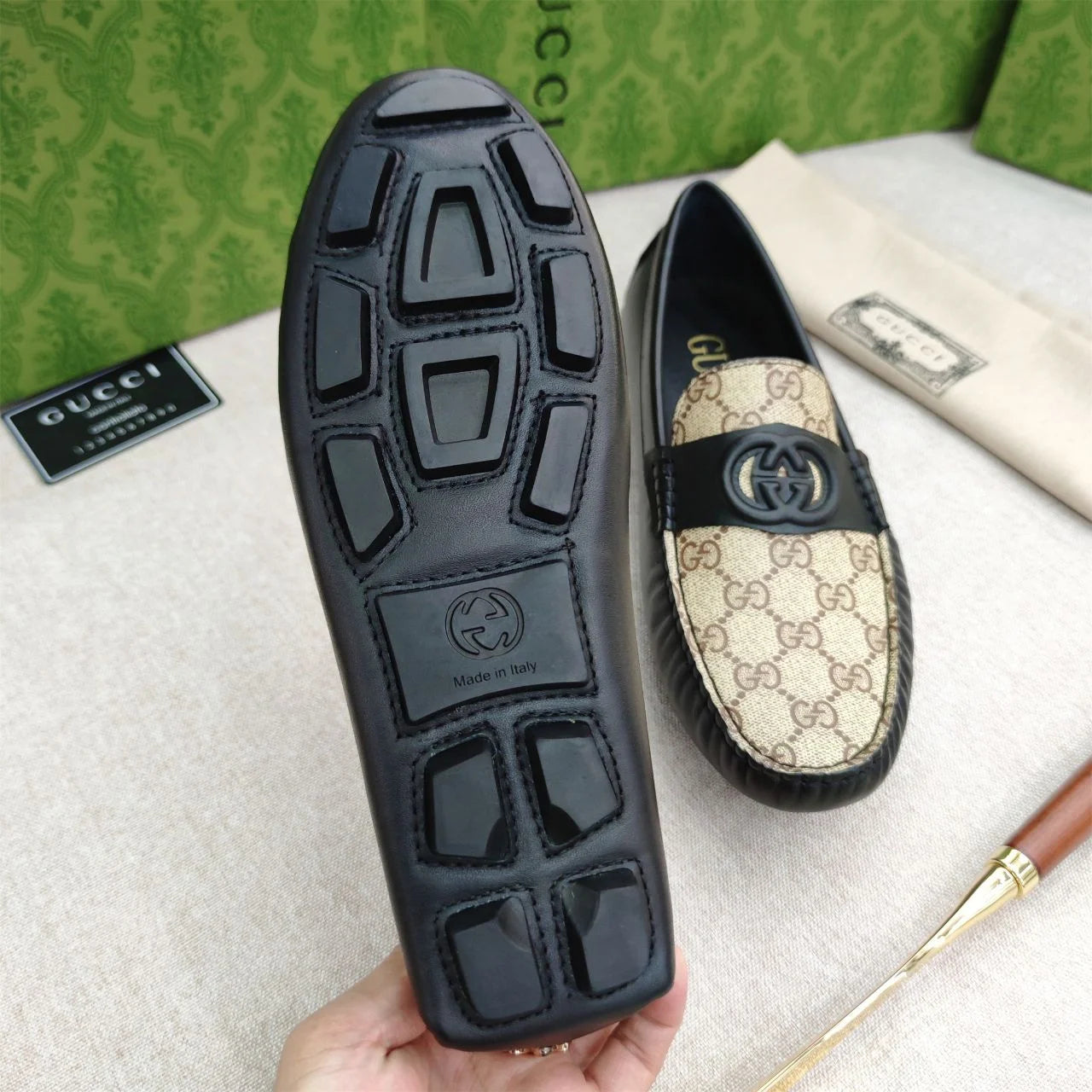 GUCCI || Men’s Brown GG Loafers with Black Leather Strap