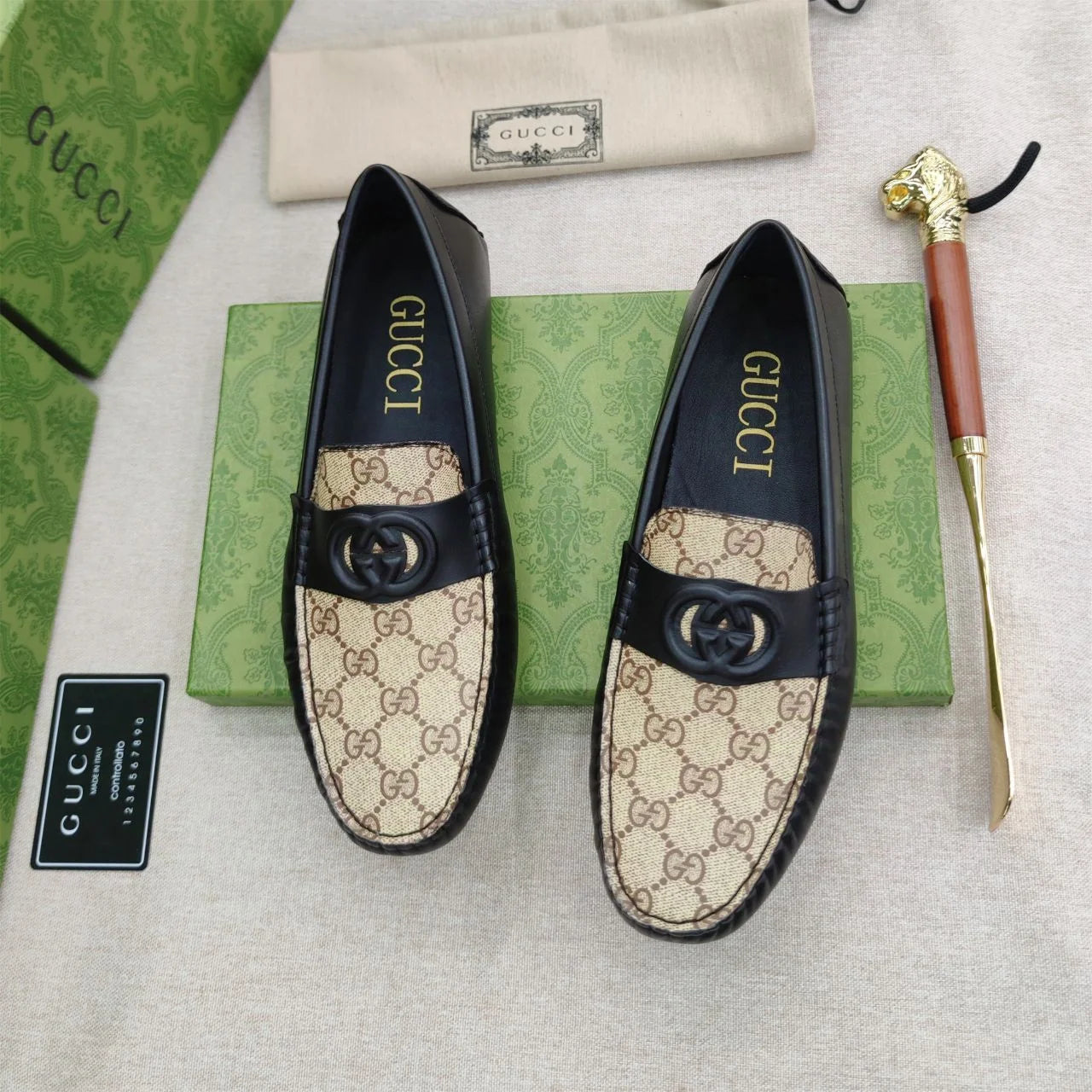 GUCCI || Men’s Brown GG Loafers with Black Leather Strap