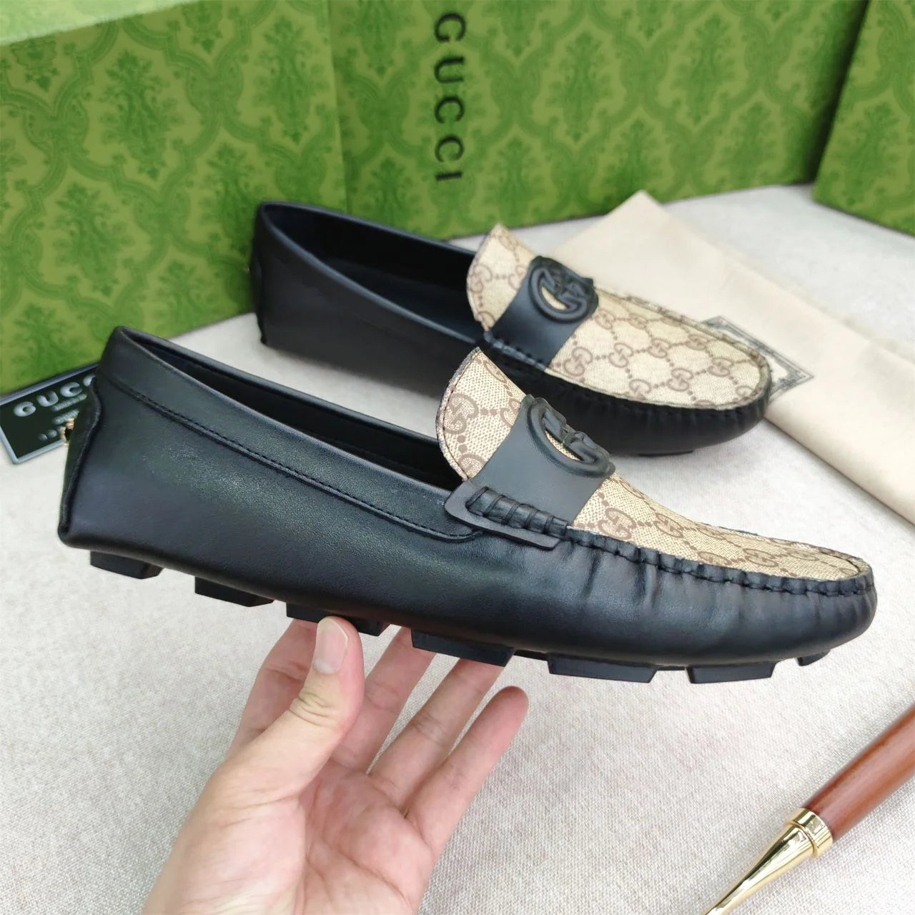 GUCCI || Men’s Brown GG Loafers with Black Leather Strap
