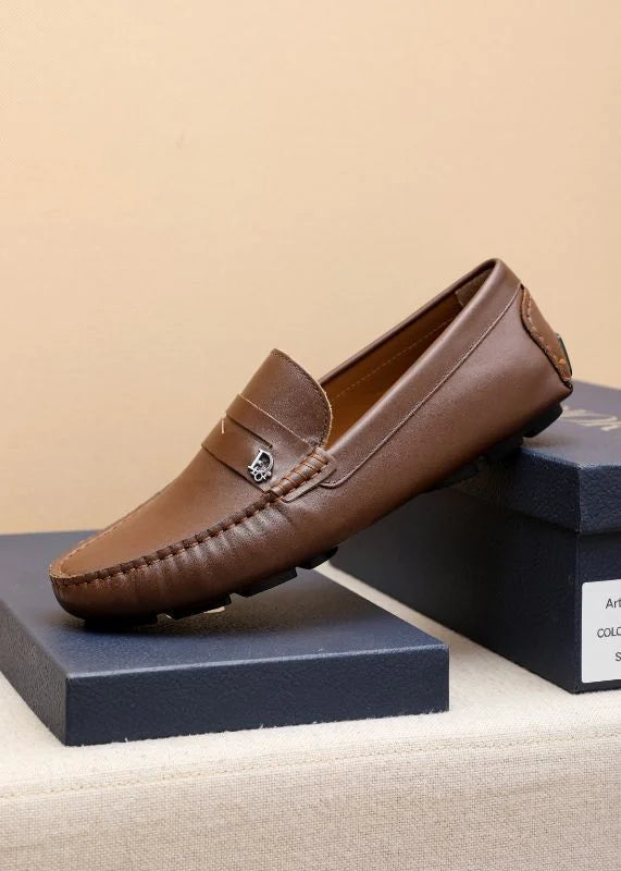 CHRISTIAN DIOR || Classic Brown Leather Loafers With Dior Metal Logo- FASHION MYST