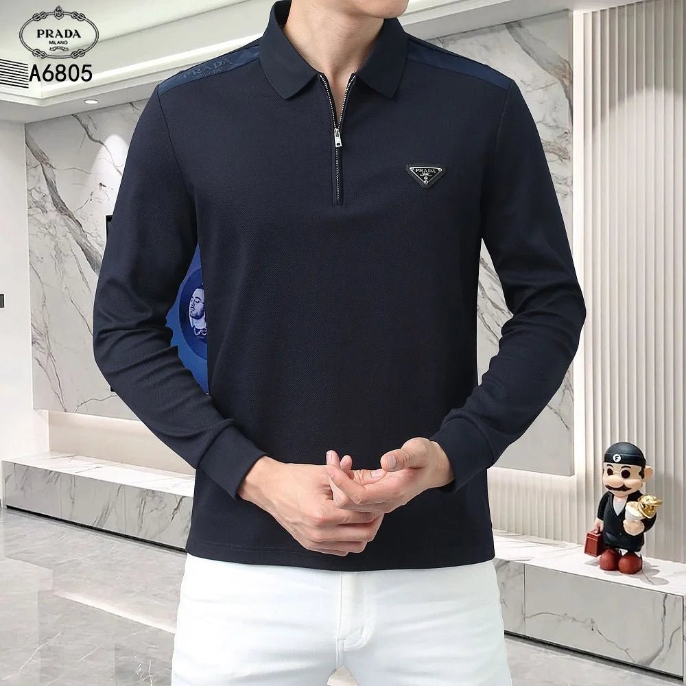 PRADA || Long Sleeve Polo Shirt With Zipper Collar- FASHION MYST