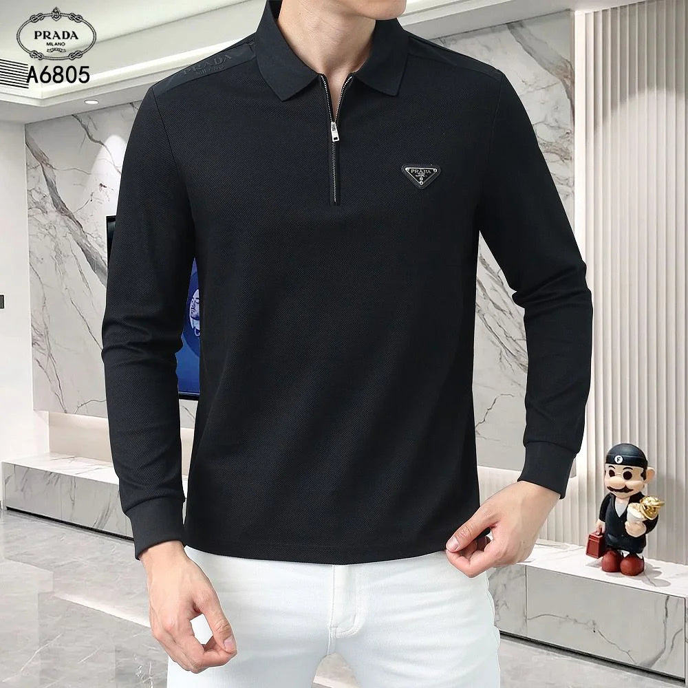 PRADA || Long Sleeve Polo Shirt With Zipper Collar- FASHION MYST