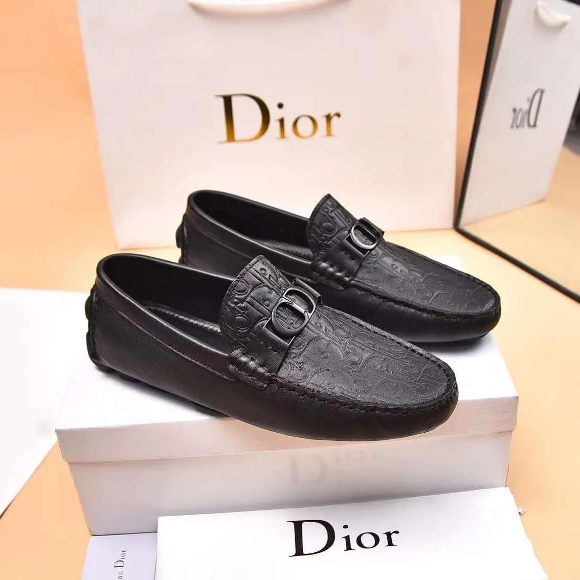 CHRISTIAN DIOR || Black Embossed Leather Loafers With Buckle Detail- FASHION MYST