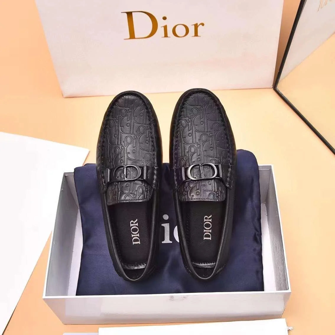CHRISTIAN DIOR || Black Embossed Leather Loafers With Buckle Detail- FASHION MYST