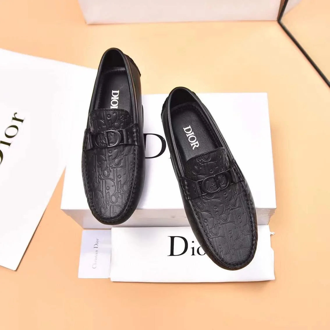 CHRISTIAN DIOR || Black Embossed Leather Loafers With Buckle Detail- FASHION MYST