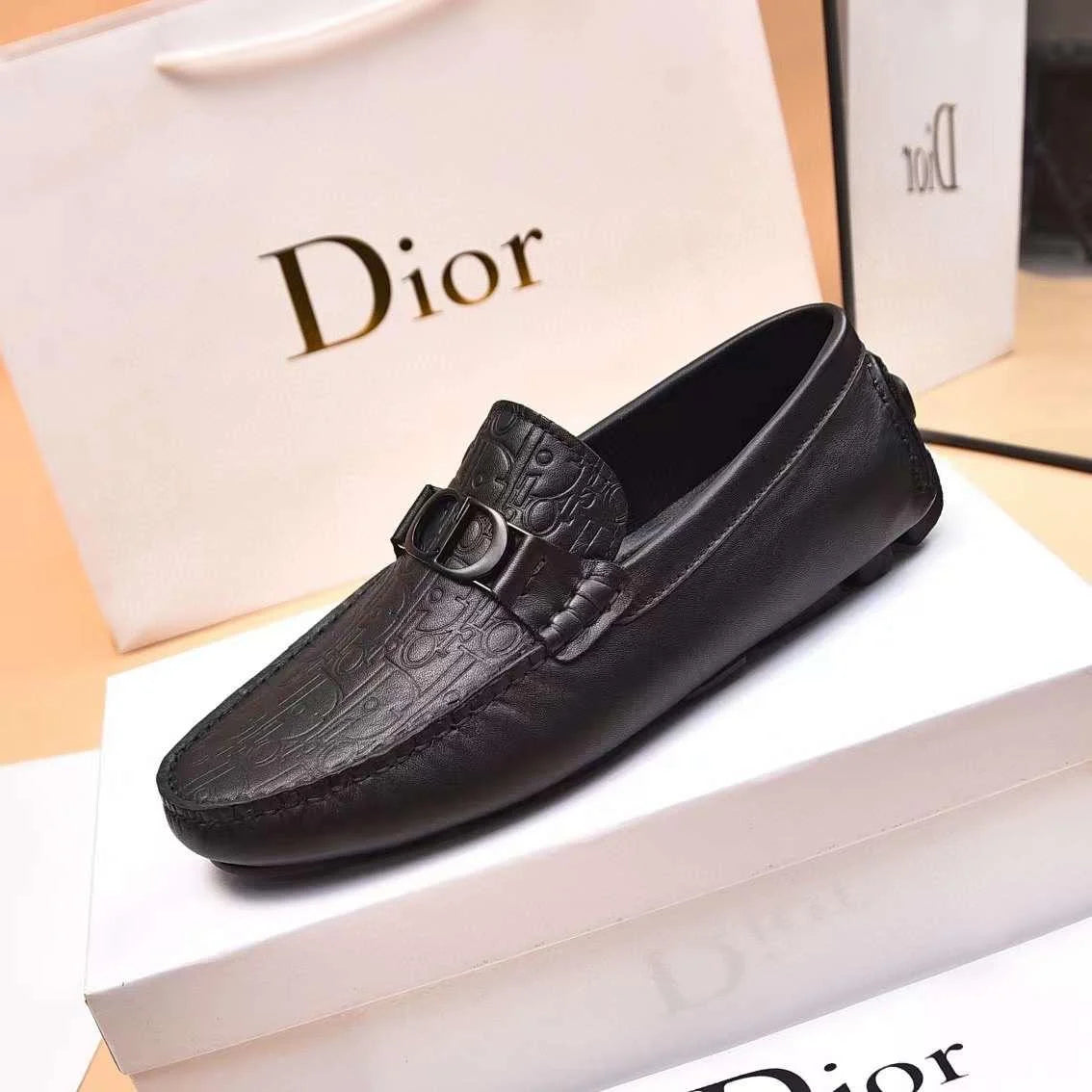 CHRISTIAN DIOR || Black Embossed Leather Loafers With Buckle Detail- FASHION MYST