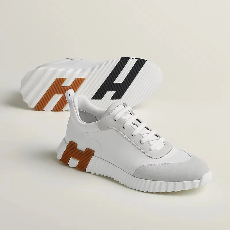 HERMES || Modern White Bouncing Sneakers With Contrast Brown H Detailing