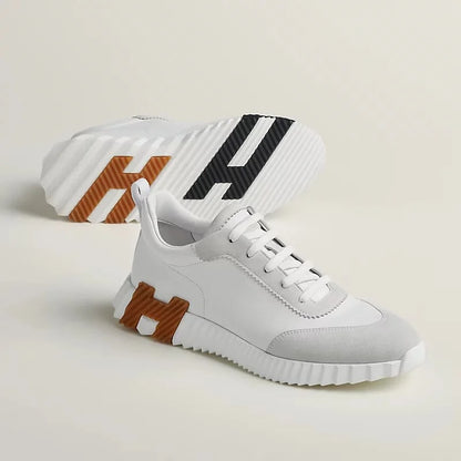 HERMES || Modern White Bouncing Sneakers With Contrast Brown H Detailing