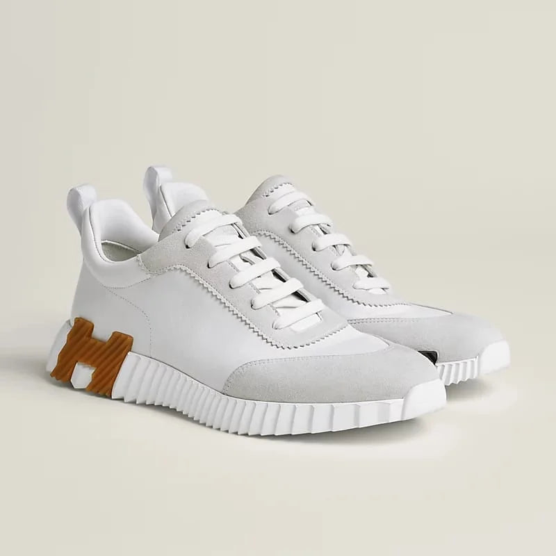 HERMES || Modern White Bouncing Sneakers With Contrast Brown H Detailing