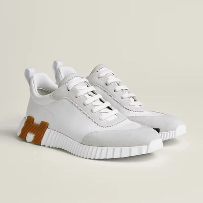 HERMES || Modern White Bouncing Sneakers With Contrast Brown H Detailing