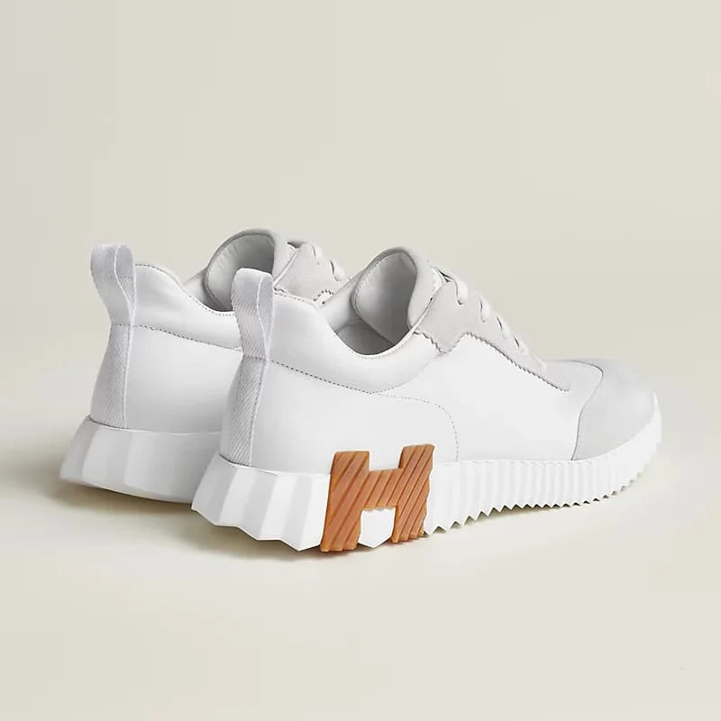 HERMES || Modern White Bouncing Sneakers With Contrast Brown H Detailing