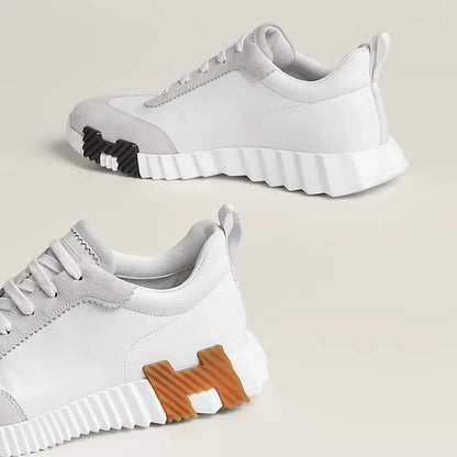HERMES || Modern White Bouncing Sneakers With Contrast Brown H Detailing