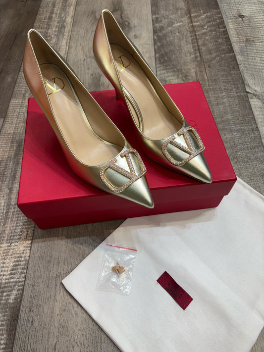 VALENTINO GARAVANI || V Logo Signature Metallic Slingback Pumps With Cornely Embroidery- FASHION MYST