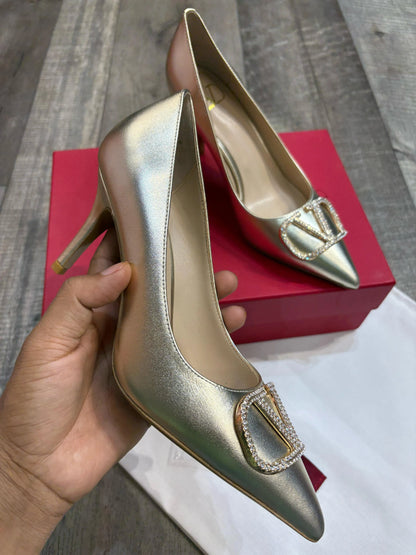 VALENTINO GARAVANI || V Logo Signature Metallic Slingback Pumps With Cornely Embroidery- FASHION MYST