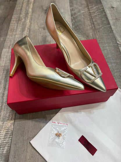VALENTINO GARAVANI || V Logo Signature Metallic Slingback Pumps With Cornely Embroidery- FASHION MYST