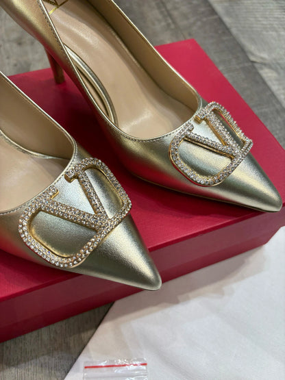 VALENTINO GARAVANI || V Logo Signature Metallic Slingback Pumps With Cornely Embroidery- FASHION MYST