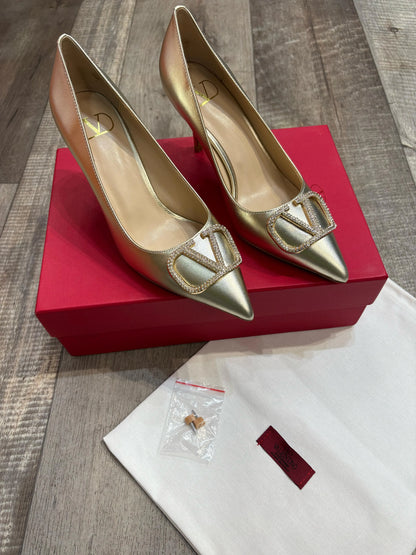 VALENTINO GARAVANI || V Logo Signature Metallic Slingback Pumps With Cornely Embroidery- FASHION MYST