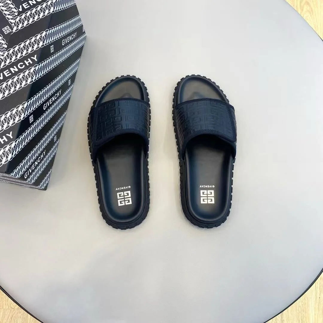 GIVENCHY || Black Embossed Logo Slides – Luxury Comfort Footwear- FASHION MYST