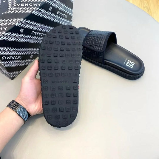 GIVENCHY || Black Embossed Logo Slides – Luxury Comfort Footwear- FASHION MYST