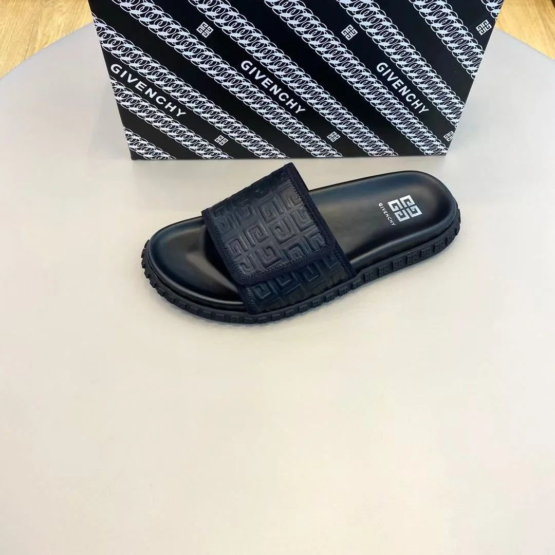 GIVENCHY || Black Embossed Logo Slides – Luxury Comfort Footwear- FASHION MYST